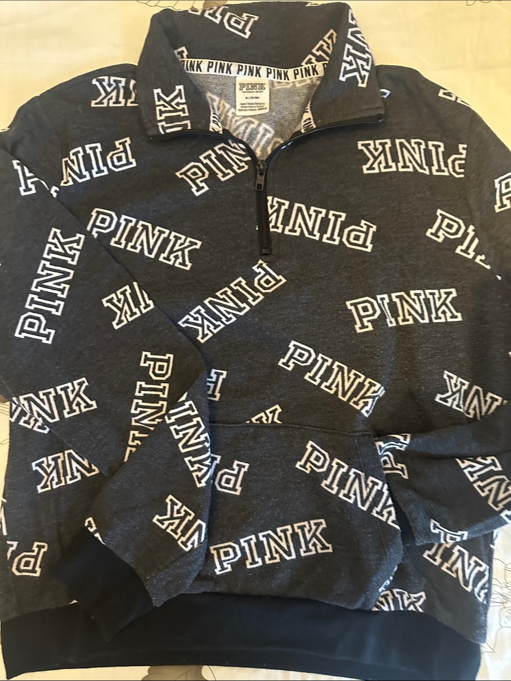 PINK Victoria's Secret Half-Zip Logo Pullover - Charcoal with White Trim
